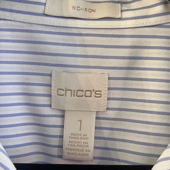 Chico’s Blouse No Iron Blue & White Stripes Long Sleeve Roll-tab Size 1 (Med 8) - Picture 2 of 8